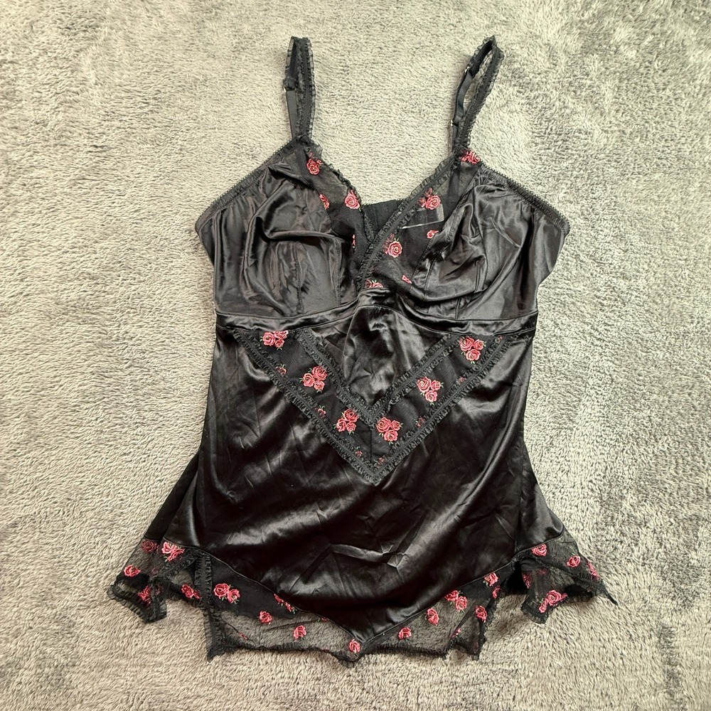 Fox Royal Black Satin Babydoll Cami Top L Embroidered Rose Lace Trim Lingerie